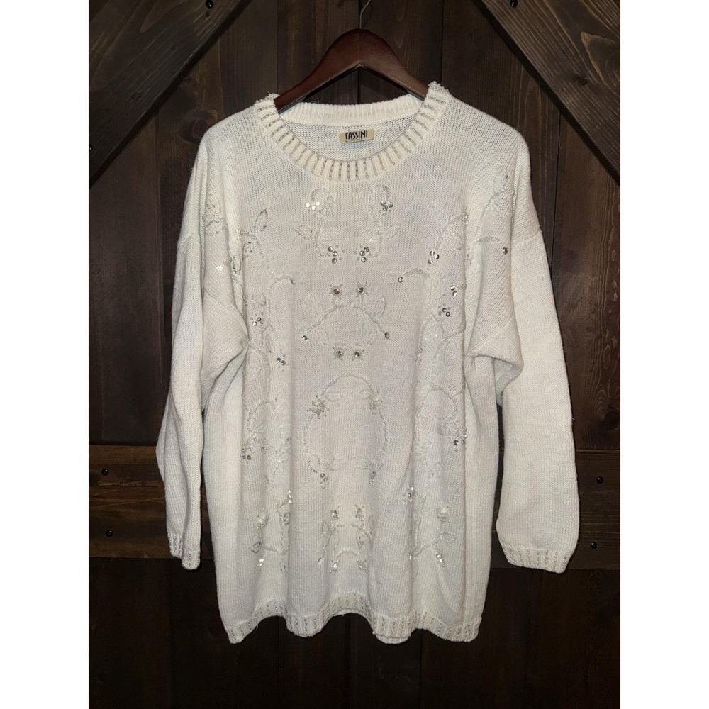 VTG Cassini Women's Sweater White Headed Rhinestones Pearls Sz L